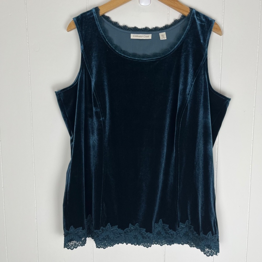 Coldwater Creek Teal Velvet Lace Trim Sleeveless Tank Top 1X Holiday Whimsigoth